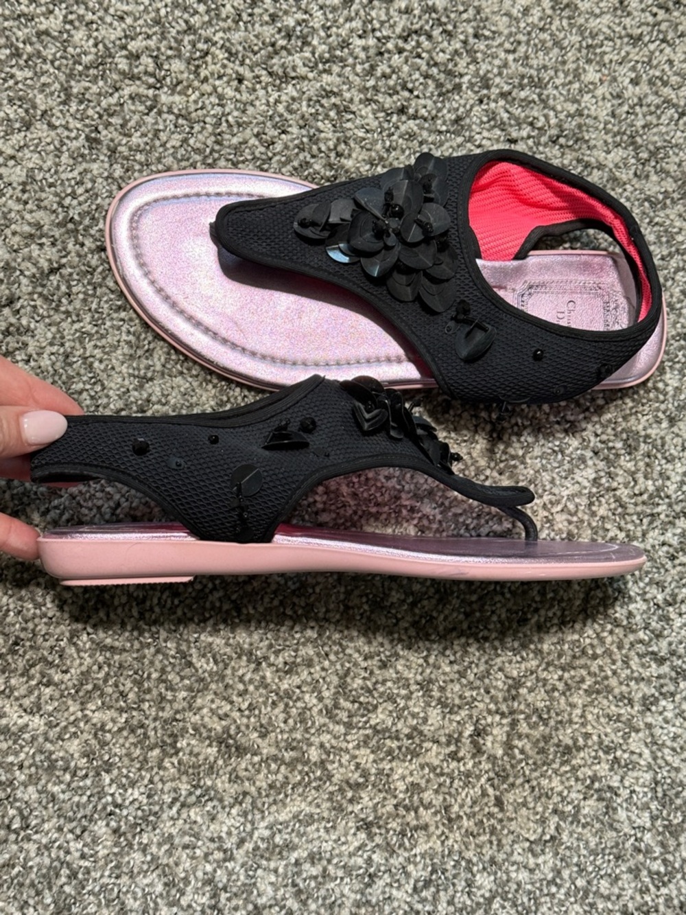 Christian Dior Black Sandals with Pink Metallic Footbed - Picture 3 of 12